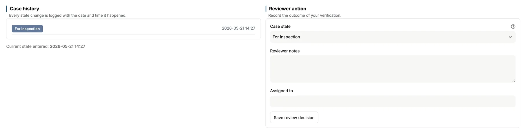 Case history log and reviewer action panel with case-state dropdown, reviewer notes and assignment