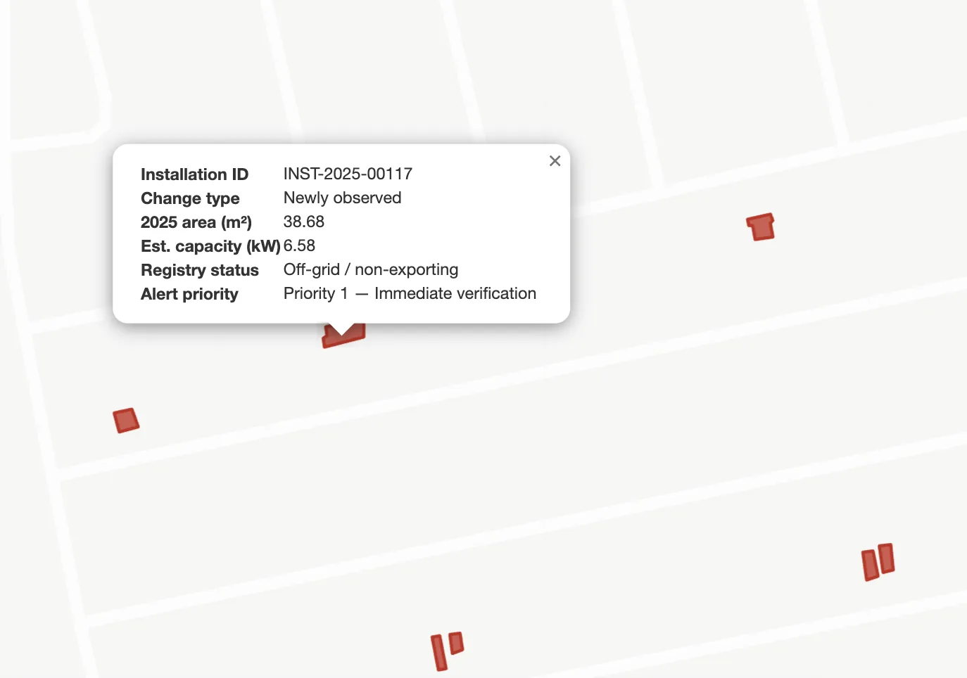 Zoomed map with a rooftop PV detection popup showing installation ID, 2025 area 38.68 square metres, estimated capacity 6.58 kW, off-grid registry status and Priority 1 alert