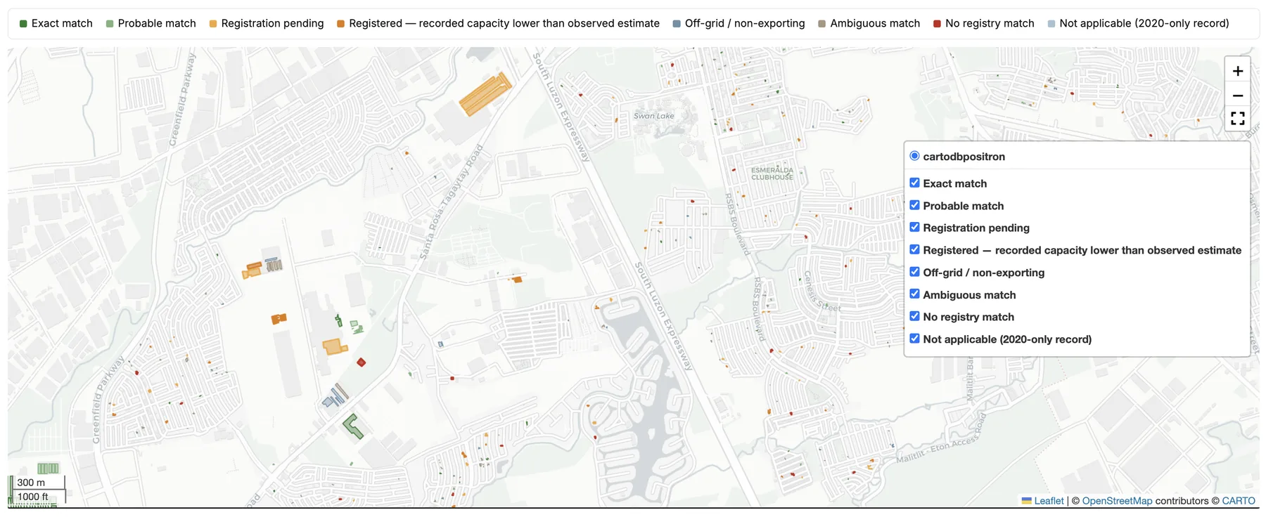 Map with rooftop solar detections colour-coded by registry-match status, from exact match to no registry match